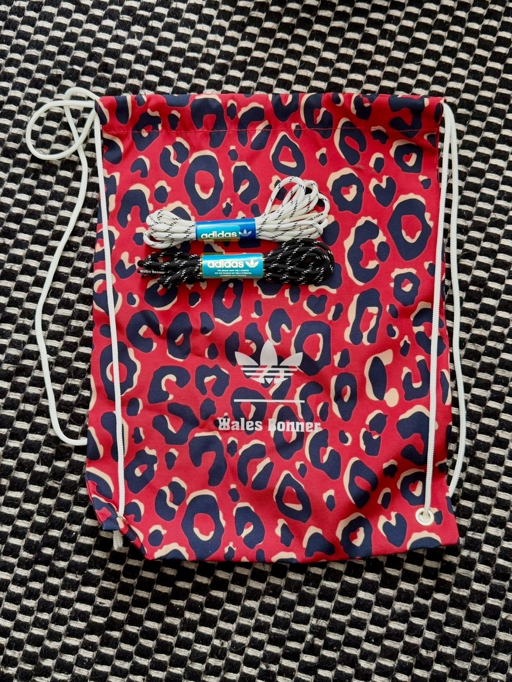 adidas Red and Navy Leopard Print Wales Bonner Drawstring Bag & 2 Laces
